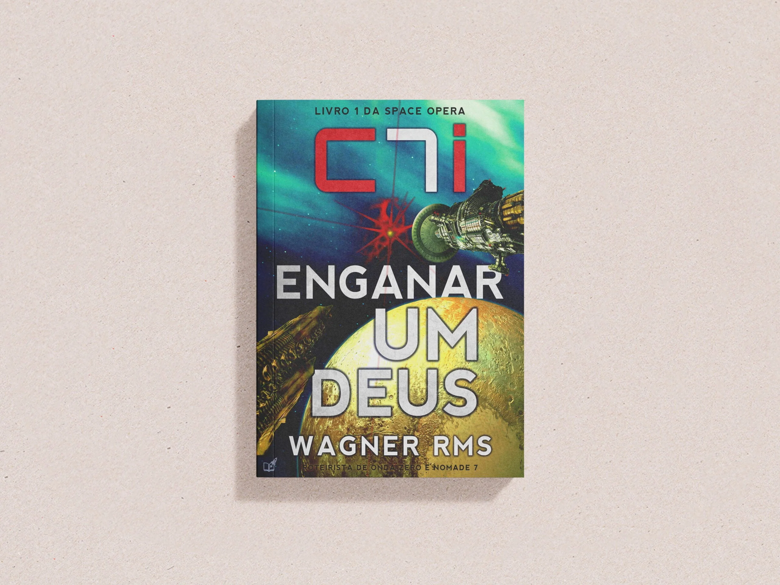 Capa do livro 1 da space Opera C7i, temporada Ato de Fé, com nave de passageiros terrestre e nave alienígena sobrevoando Plutão.