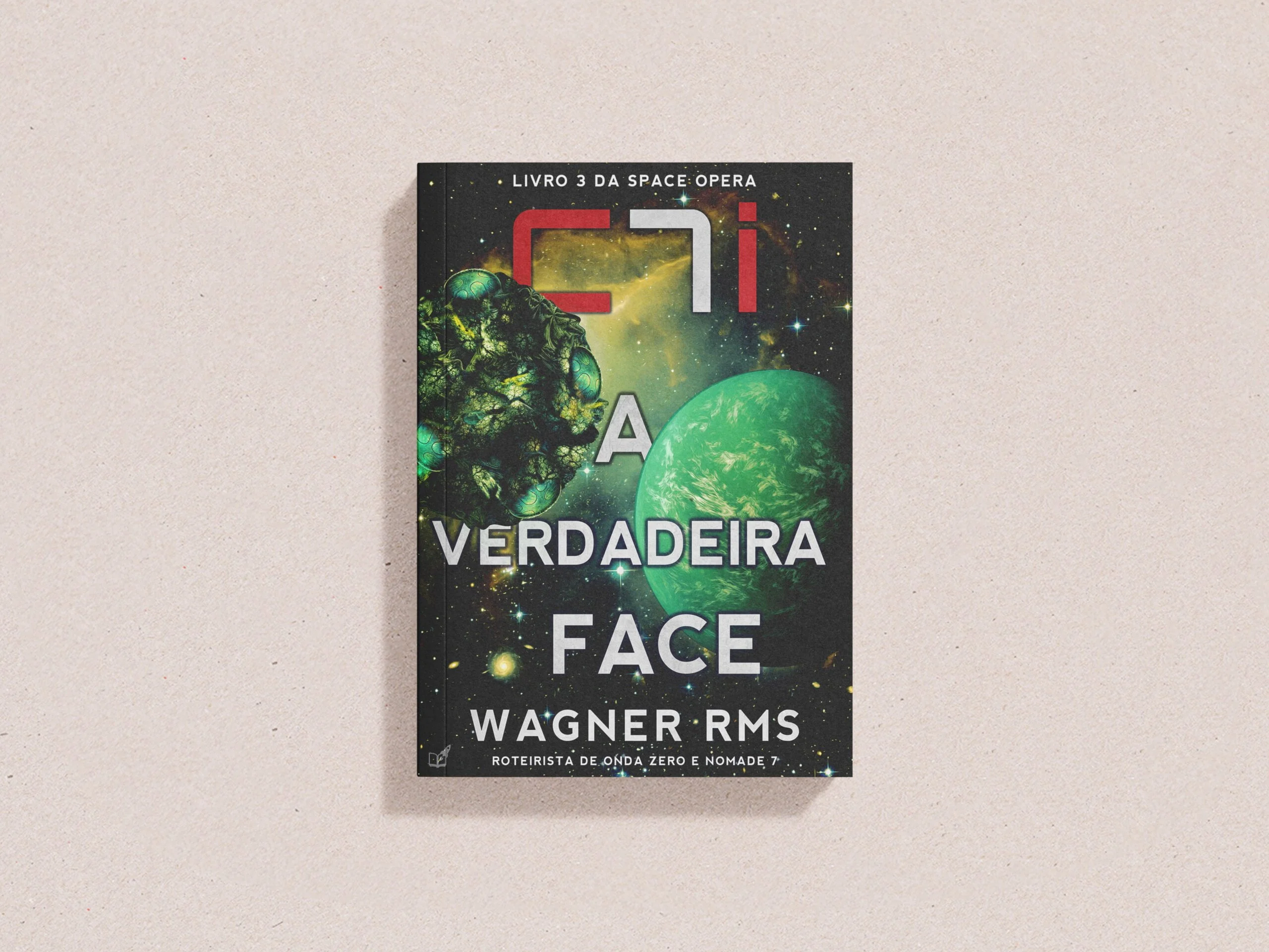 Capa do livro 3 da space Opera C7i, temporada Ato de Fé, com grande nave esférica alienígena orbitando um planeta verde alienígena.