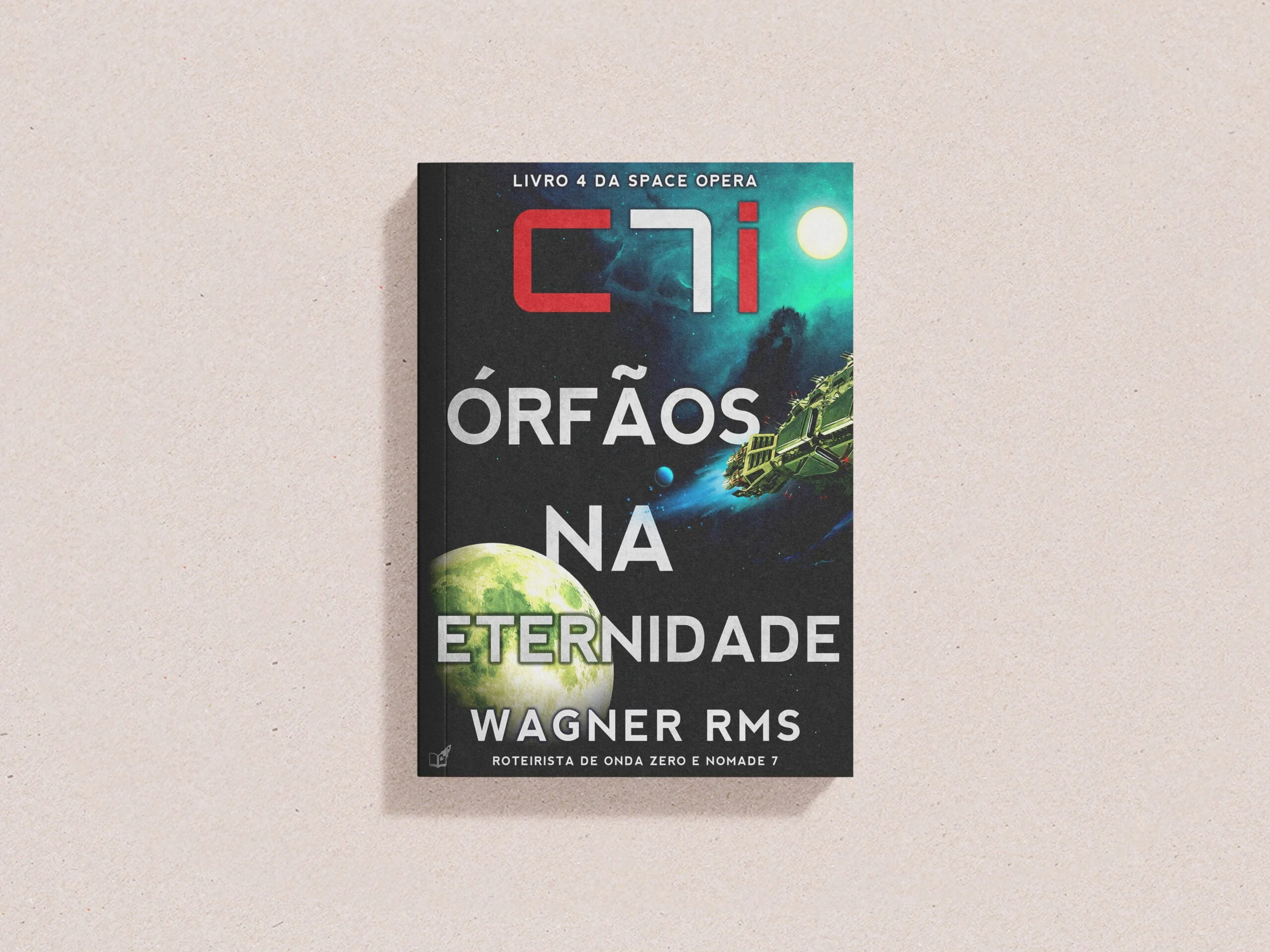 Capa do livro 4 da space Opera C7i, temporada Ato de Fé, com nave partindo rumo aos outros mundos do Sistema Solar a partir da Lua da Terra.