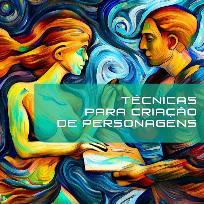 Imagem ilustrayiva do artigo sobre criação de personagens literários, com homem e mulher estilizados tocando as mãos e em um livro ou tablet.