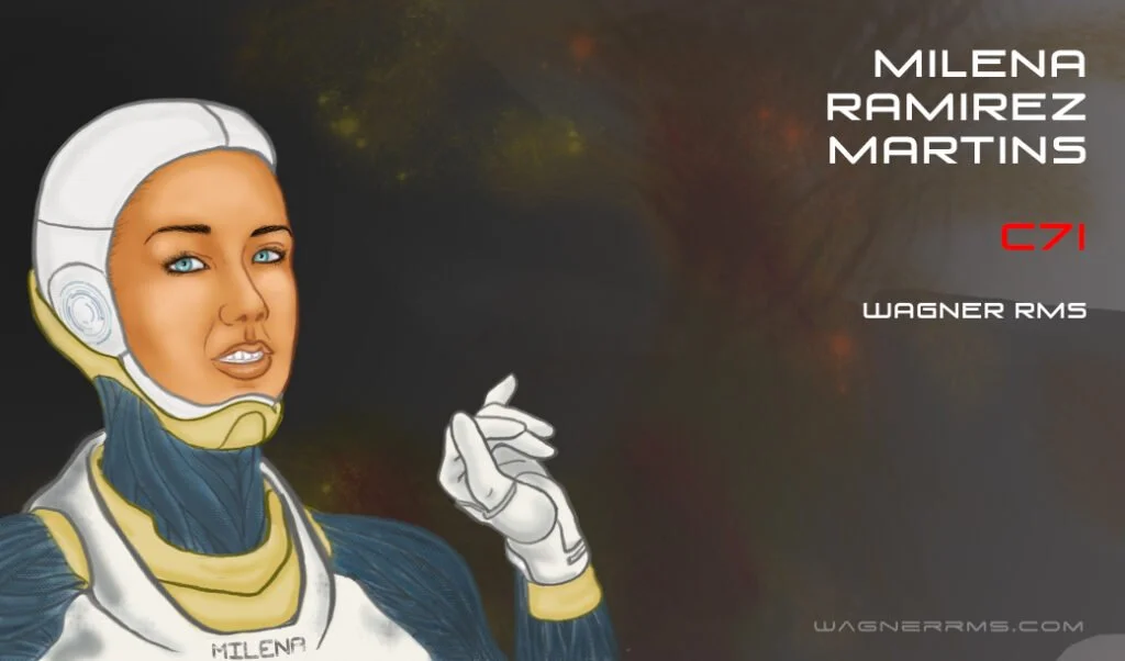 Arte do autor Wagner RMS mostrando a personagem Milena Ramirez Martins, mulher adulta, morena e de olhos azuis, usando um traje espacial futurista sem o capacete, o que deixa seu rosto simpático e sorridente à mostra, mas ela está contra um fundo obscuro e um tanto perturbador.