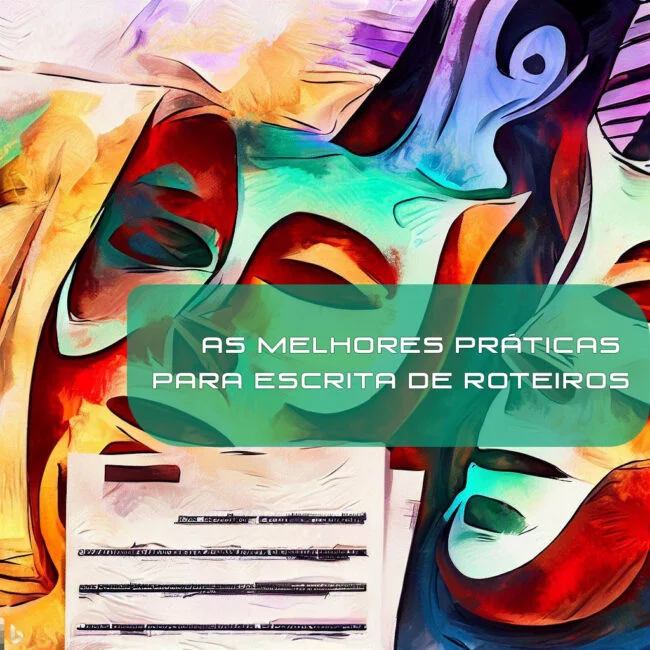 Pintura moderna e estilizada mostrando as máscaras do teatro e um roteiro, para o artigo sobre melhores práticas para escrita de roteiros.