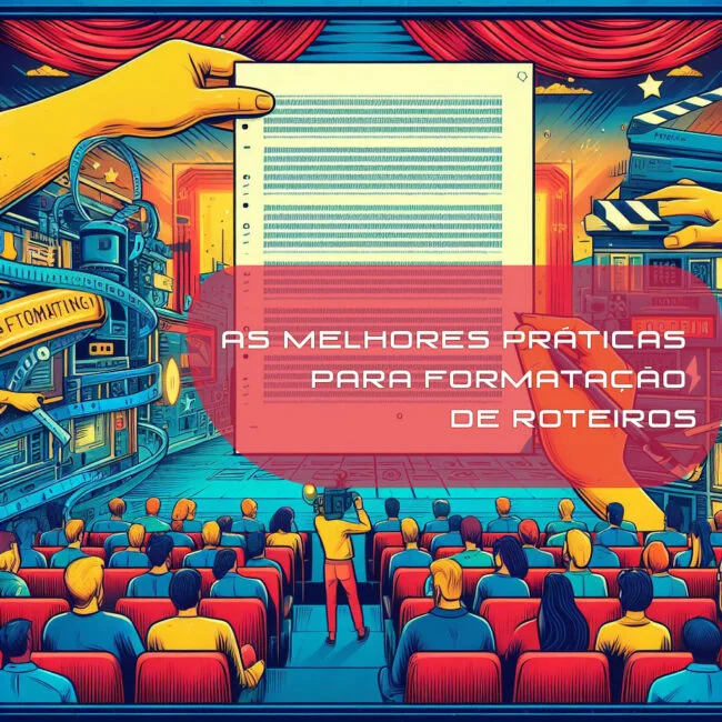 Ilustração mostra plateia de cinema vendo mão gigante expondo uma página de roteiro gigante, sobre formatação de roteiros