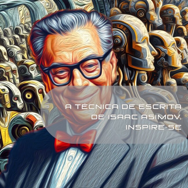 Rosto sorridente de Isaac Asimov ainda jovem, sem as grandes costeletas, em frente a uma multidão de robôs olhando para o infinito.
