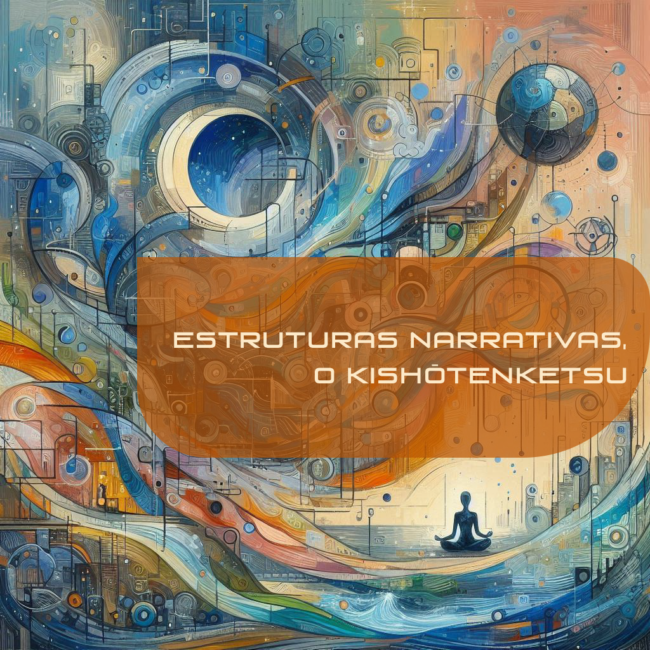 Ilustração do artigo Kishōtenketsu Uma Jornada para uma Estrutura Narrativa Única que é pintura estilizada com formas se sobrepondo e silhueta meditando.