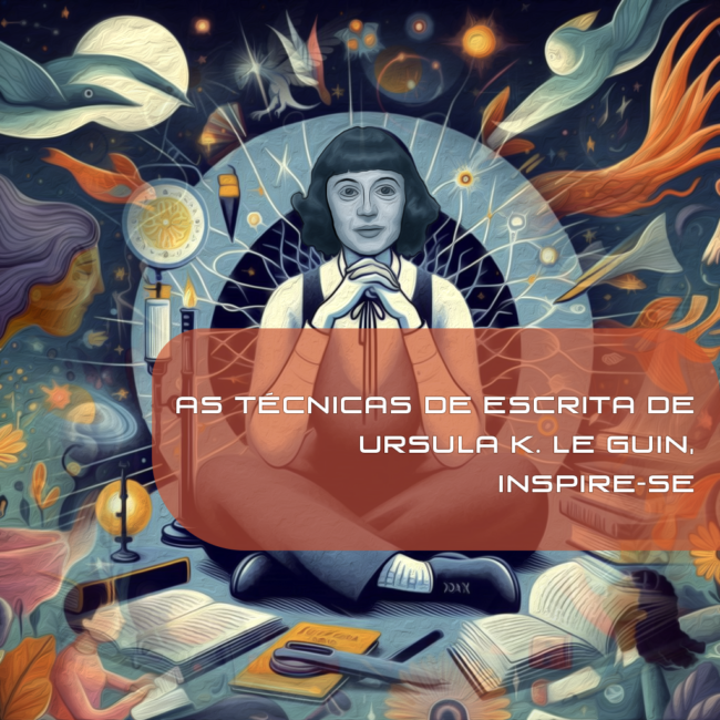 Ilustração com a autora Ursula K. Le Guin no centro, ainda jovem, cercada por circulos, tramas, abstrações arabescos imaginários e pessoas negras e brancas, além de livros representando suas obras.