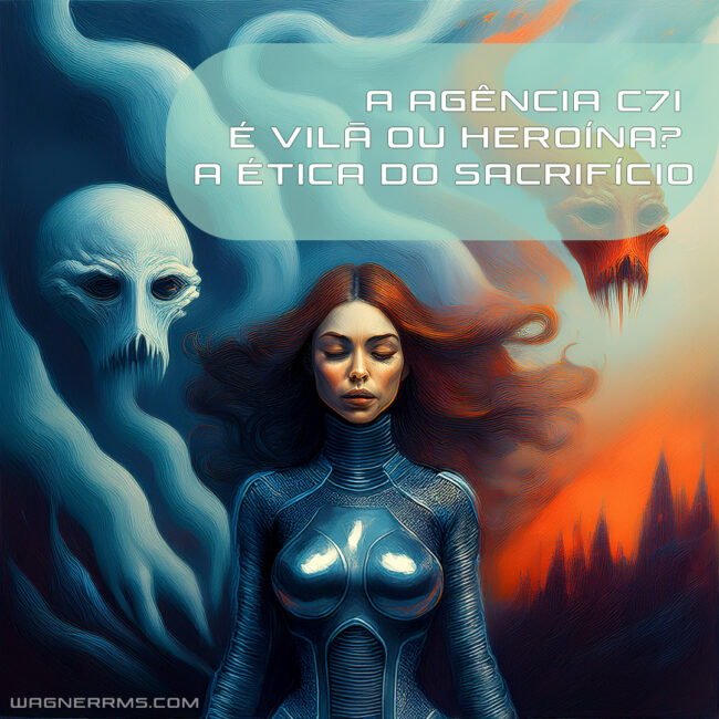 Mulher representa agente C7i entre os dilemas éticos e horrores alienígenas.